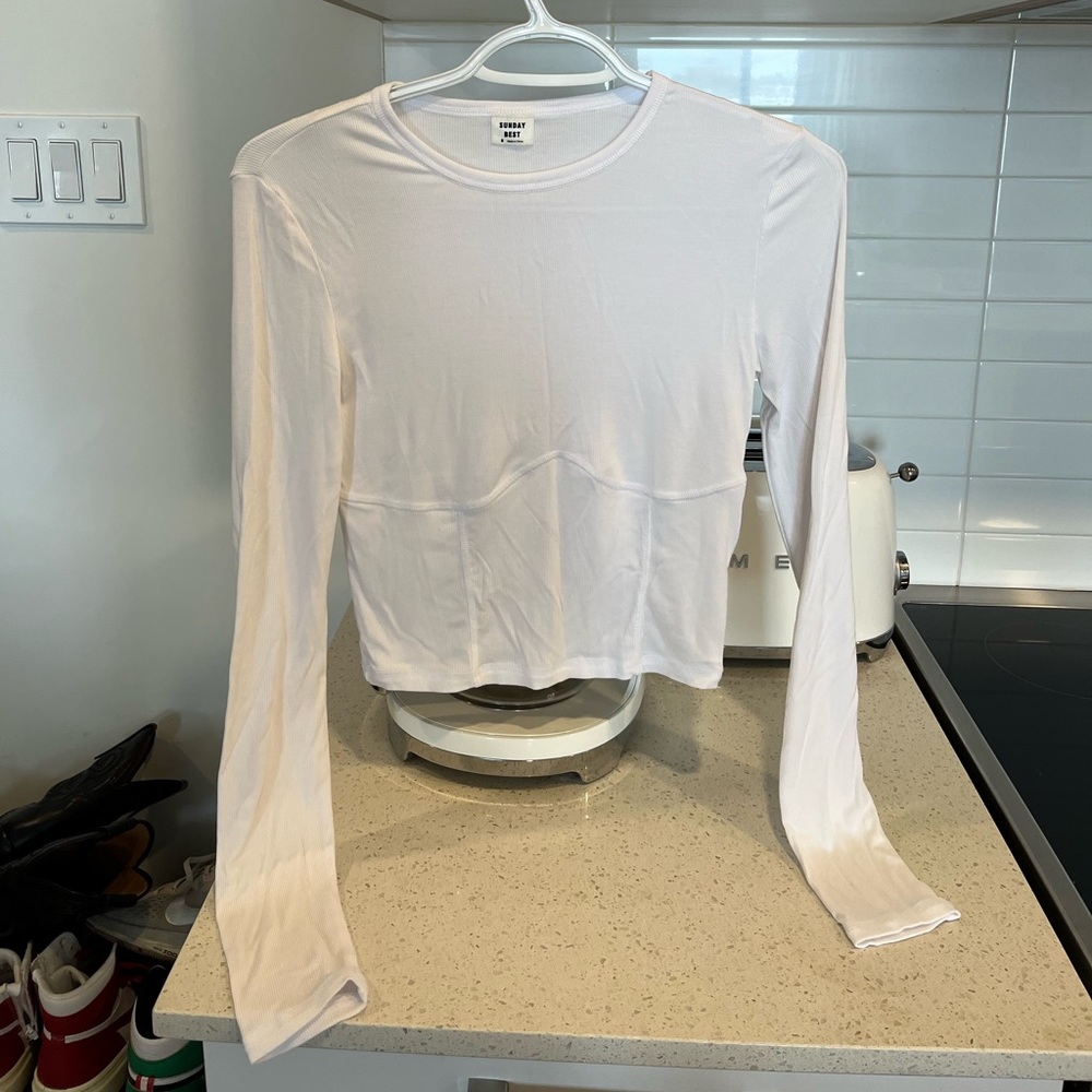 Sunday best white long sleeve tee with bustier detailing size small